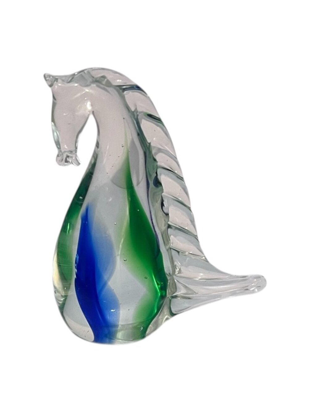 Hand Blown Art Glass Seahorse Figurine Blue Green Clear Decorative 4.5" Tall